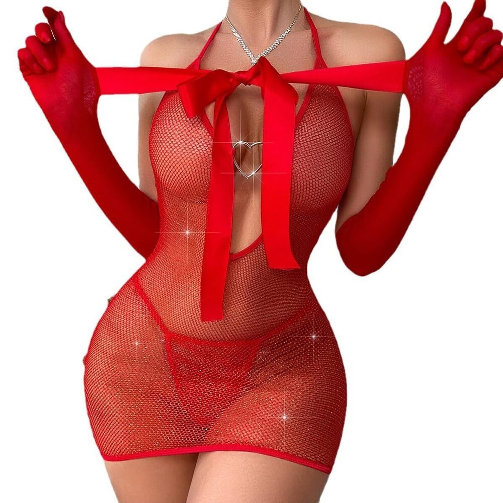 2580 Sexy Christmas Lingerie Red Bow Valentines Fishnet Bodysuit Dress